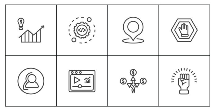 marketing icon set with demand, configuration, diversify, motivation signs in flat outline style