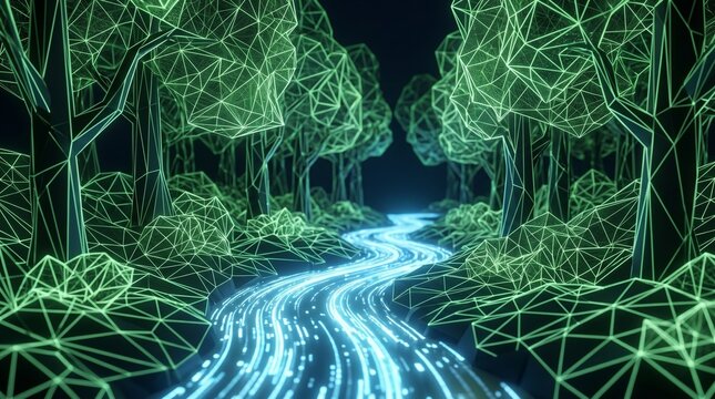 Abstract low poly forest path with glowing blue stream in digital landscape, futuristic nature