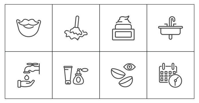hygiene and sanitation icon set with beardy, wet cleaning, lens, appointment book signs in flat outline style
