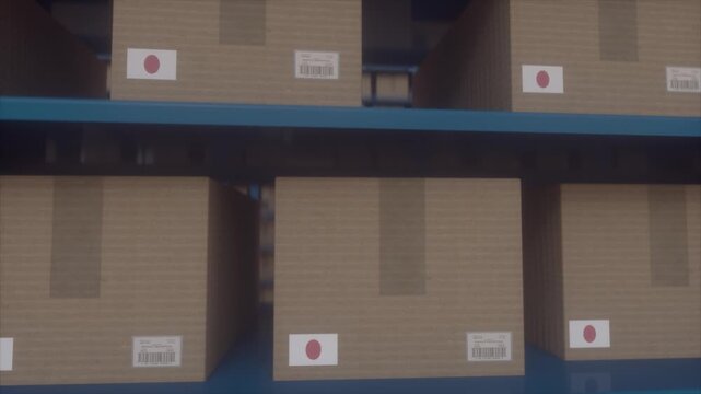 Cardboard Boxes With Japanese Labels Stored on Industrial Warehouse Shelves