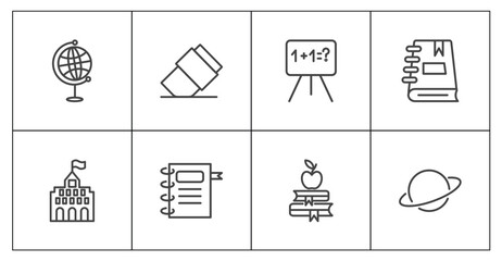 education icon set with classroom globe, eraser, book and, planet saturn signs in flat outline style © Abstract