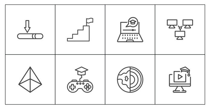 education and science icon set with window scrolling medium, steps to complete, geology, educational video signs in flat outline style
