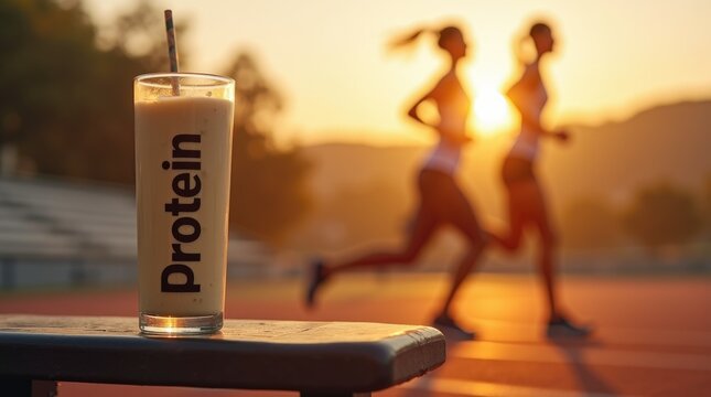 Protein drink glass on outdoor gym equipment with blurred athlete on track, fitness motivation scene, pre-workout energy nutrition