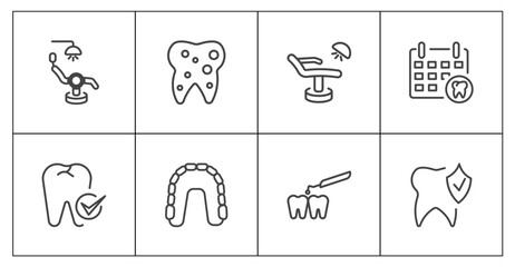 dental health icon set with dental chair, inner tooth, interproximal, prophylaxis signs in flat outline style © Abstract