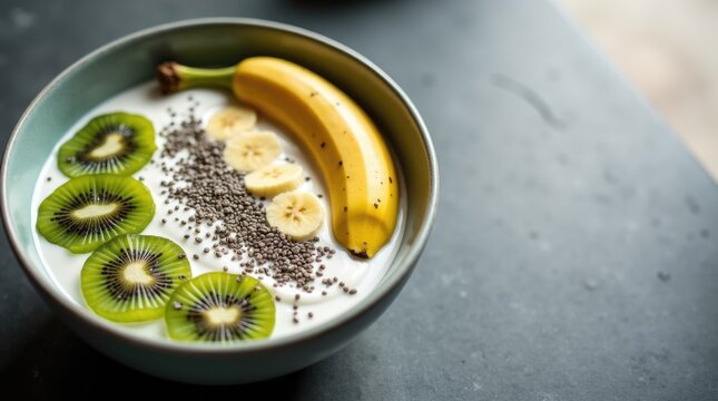 Protein yogurt smoothie bowl with banana kiwi and chia seeds, tropical protein breakfast, omega rich pre-workout meal
