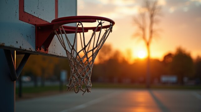 Basketball hoop with on concrete pad, desolate park scene, neglected sports equipment