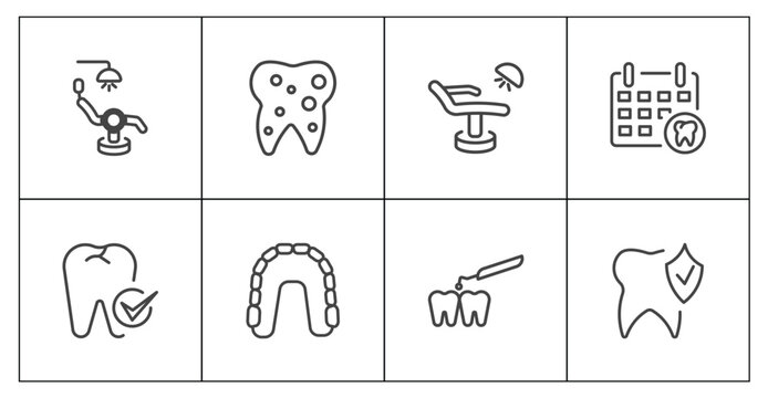 dental health icon set with dental chair, inner tooth, interproximal, prophylaxis signs in flat outline style
