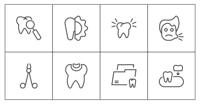 dental health icon set with check up, apicoectomy, dental folder, partial denture signs in flat outline style
