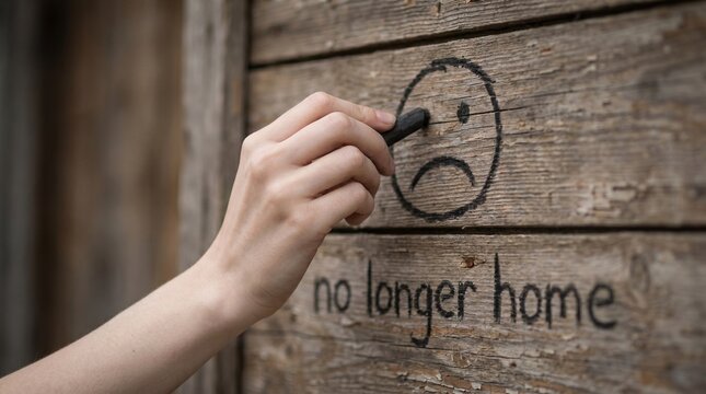 A hand draws a sad face above the words "no longer home" on weathered wood. It evokes a gut-wrenching sense of displacement, loss, and the cold realization of belonging nowhere.