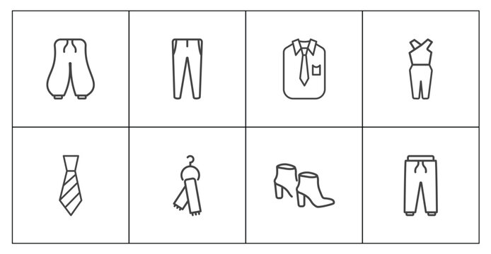 clothes and outfit icon set with harem pants, slim fit pants, ankle boots, sweatpants signs in flat outline style