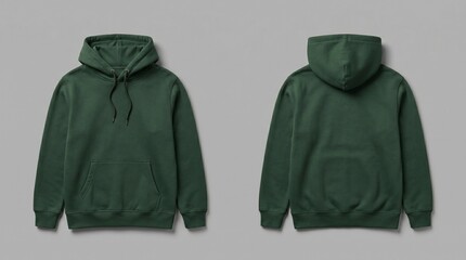 Blank Dark Green Hoodie Mockup Front and Back View for Apparel Branding, E-commerce Product Presentation, and Fashion Marketing © IamHydra13