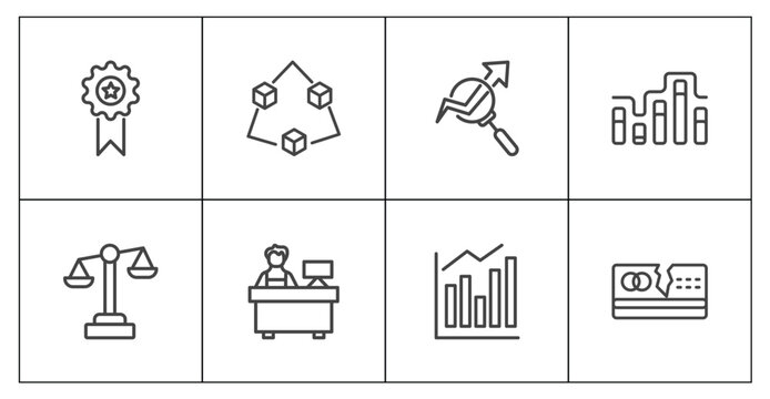 business and finance icon set with achievement, connection box chart, measure success, broken credit card signs in flat outline style