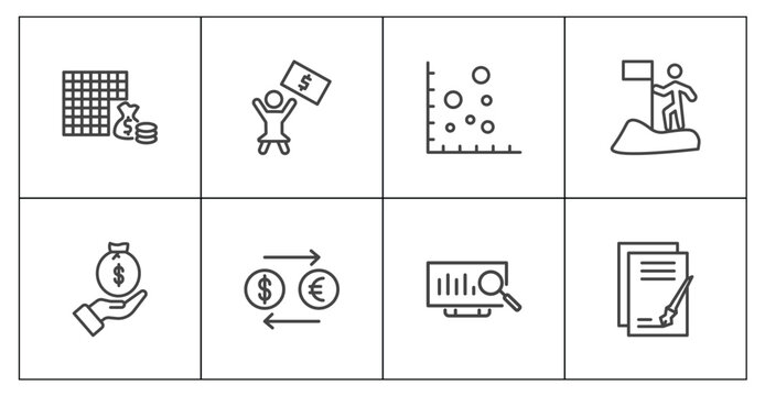 business icon set with economy games, woman with dollar bill, analytics monitor, signs in flat outline style