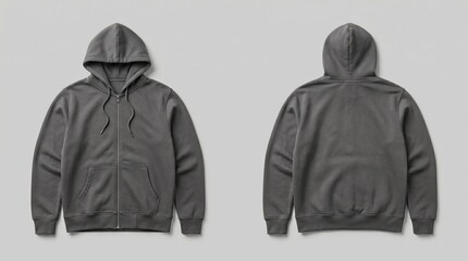 Charcoal Grey Zip-up Hoodie Mockup Front and Back View for Apparel Branding, E-commerce Product Listing, and Fashion Website Presentation © IamHydra13