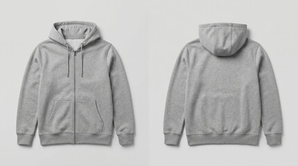 Blank Gray Zip-Up Hoodie Mockup Set with Front and Back View for Apparel Branding, Fashion Design Presentation, E-commerce Product Listings, and Marketing Website © IamHydra13