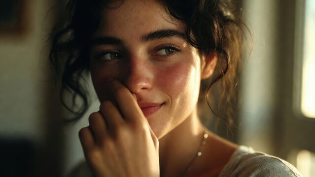 Young woman smiling with hand near face in soft interior