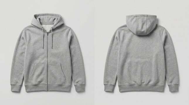 Blank Gray Zip-Up Hoodie Mockup Set with Front and Back View for Apparel Branding, Fashion Design Presentation, E-commerce Product Listings, and Marketing Website