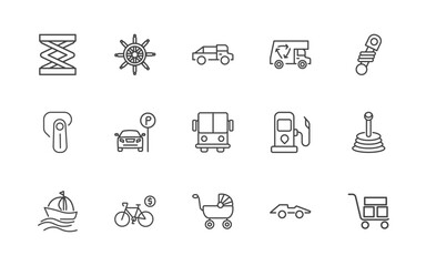Obraz premium transportation icon set with lifter, ship wheel, midget car, cart with boxes signs in flat outline style