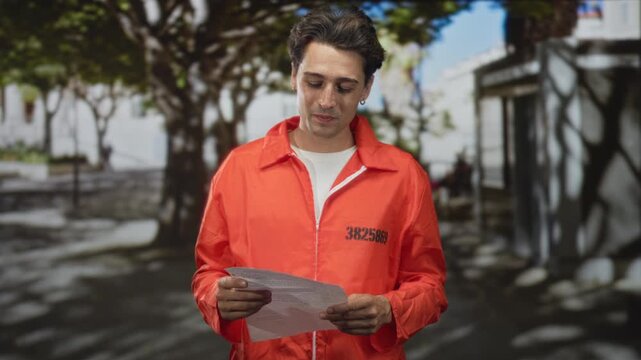 Man in orange inmate jumpsuit holds paper with bare hands reading a document on a street with trees and building facades; remorse reflection.