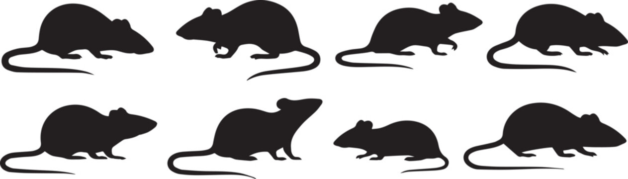 Collection of black silhouette mouse icons isolated on white background with various poses and styles