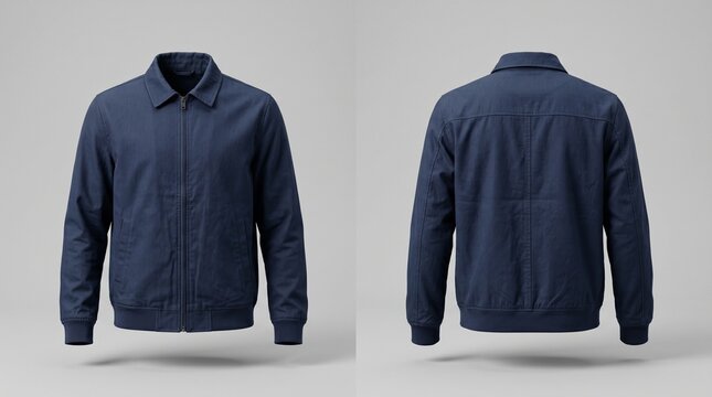 Navy Blue Men's Zip-up Jacket Mockup with Front and Back View, Perfect for Apparel Branding, E-commerce Product Display, and Fashion Marketing Presentation