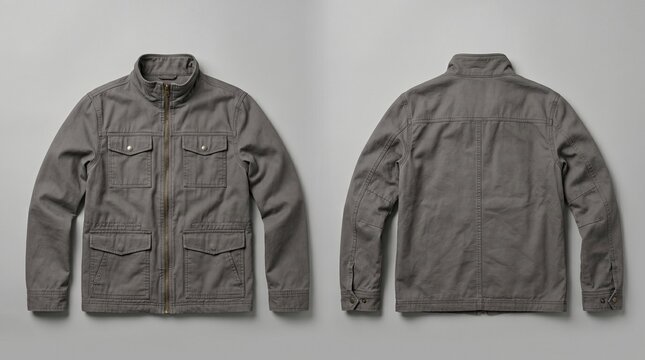 Men's Grey Utility Canvas Jacket Front and Back View Product Mockup for Fashion Website, Retail Catalog and E-commerce Marketing