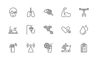 Naklejka premium health and medical icon set with boy, lung, optometrist, medical checklist signs in flat outline style