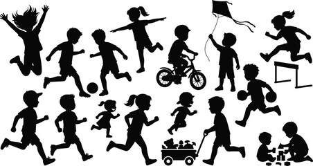 Collection of active children silhouettes playing outdoor games running cycling jumping flying kite and pulling toy wagon set © MD