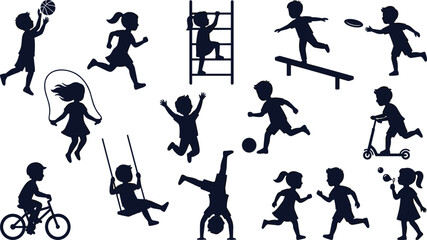Obraz premium Active children silhouettes collection playing outdoor sports jumping running cycling swinging climbing and having fun at playground park set
