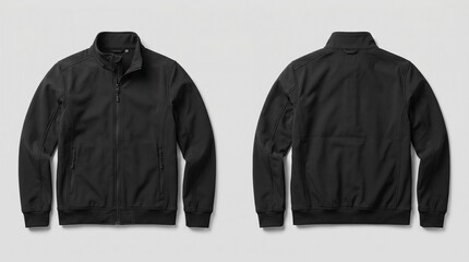 Black Softshell Jacket Mockup with Front and Back Views for Apparel Branding, Clothing Design Presentation, E-commerce Website, and Fashion Marketing Campaigns © IamHydra13