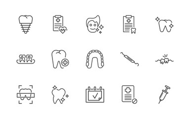 dental health icon set with fake tooth, health report, healthy boy, empty syringe signs in flat outline style © Abstract