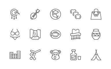 culture and civilization icon set with native american drum, kora, imperial carp, native american wigwam signs in flat outline style © Abstract