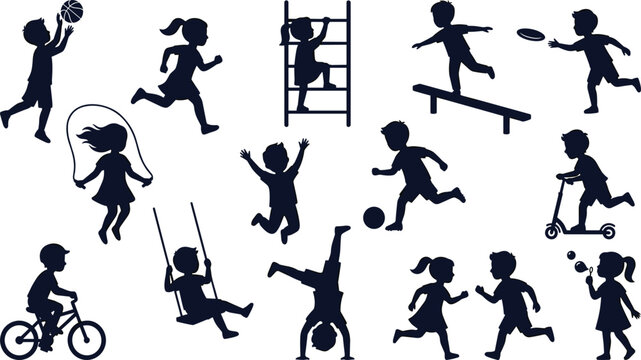 Active children silhouettes collection playing outdoor sports jumping running cycling swinging climbing and having fun at playground park set
