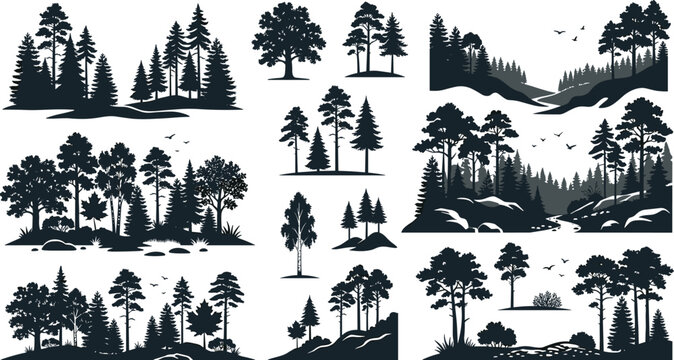 Detailed collection of forest and mountain landscape silhouettes with pine trees rivers and flying birds for outdoor nature backgrounds