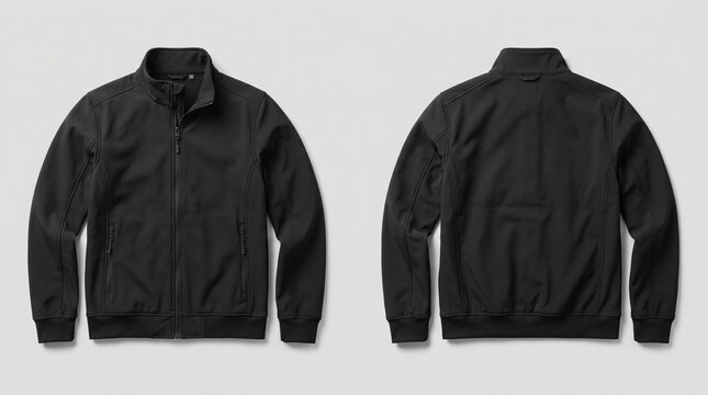 Black Softshell Jacket Mockup with Front and Back Views for Apparel Branding, Clothing Design Presentation, E-commerce Website, and Fashion Marketing Campaigns