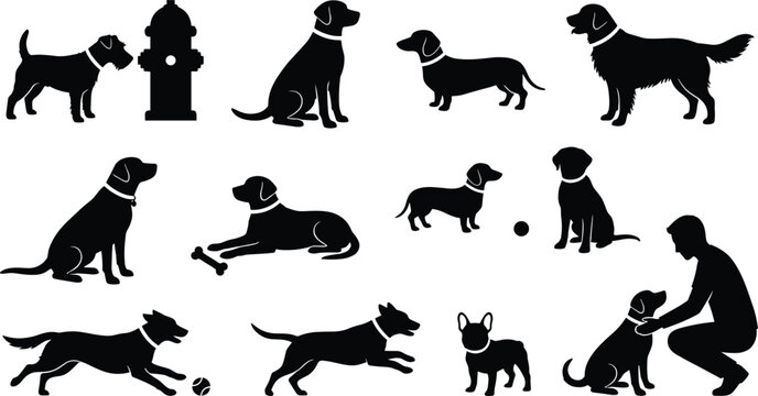 Diverse dog silhouettes collection featuring different breeds playing sitting with owner and fire hydrant for pet care services set