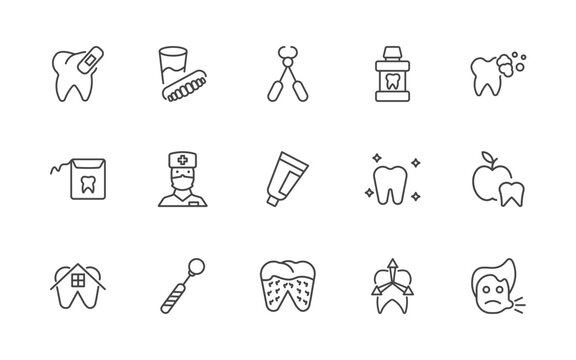 dental health icon set with damaged tooth, denture, tooth pliers, sick boy signs in flat outline style