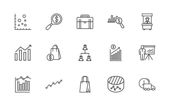 business icon set with scatter chart, money finder, business briefcase, logistic signs in flat outline style
