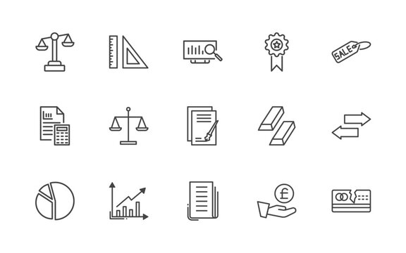 business and finance icon set with legal, maths tool, analytics monitor, broken credit card signs in flat outline style