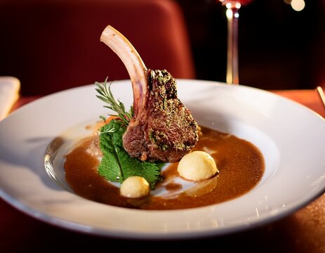 lamb dish served on a white plate with sauce and garnish at a fine dining restaurant during evening hours