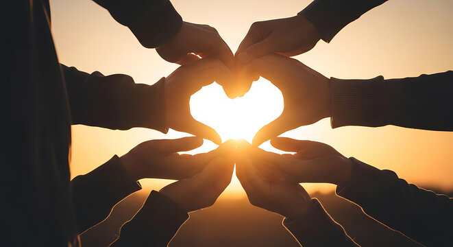 Group of people making a heart shape with their hands at sunset