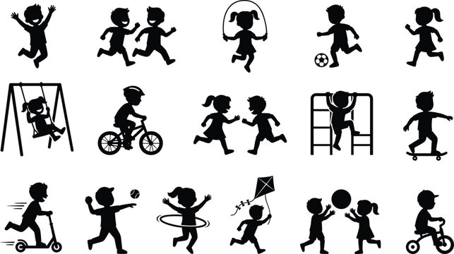 Happy children silhouettes set playing outdoor sports jumping running cycling swinging climbing and flying kite at playground park area
