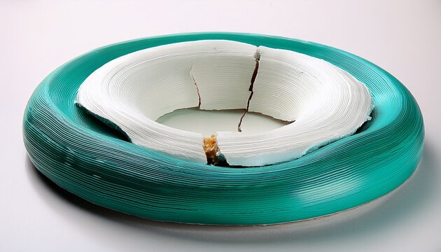teal and white circular object with a bite taken out