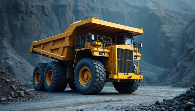 Huge yellow mining dump truck sits idle in open pit mine. Massive vehicle carries ore or rock in quarry. Heavy machinery works on earth excavation.