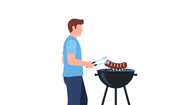 Man grilling meat on barbecue.