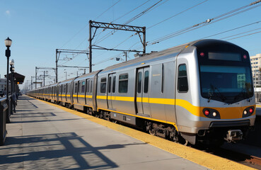 Fototapeta premium Silver and yellow train waits at Pico Aliso station platform. Modern light rail vehicle arrives at Los Angeles stop. Commuters use public transit for daily travel.