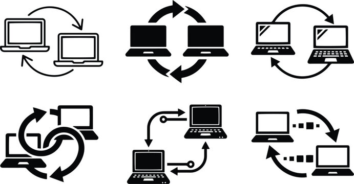Laptop synchronization icon collection showing device transfer computer exchange data migration and digital workflow arrows in black white vector style