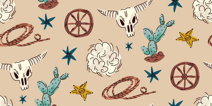 Wild West seamless pattern for kids room and clothes, desert background with buffalo skull, lasso, cactus and tumbleweed