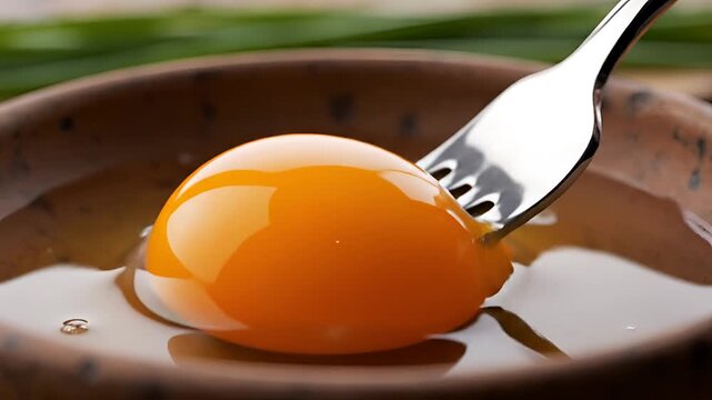 Closeup of a fork piercing a fresh egg yolk in a bowl.