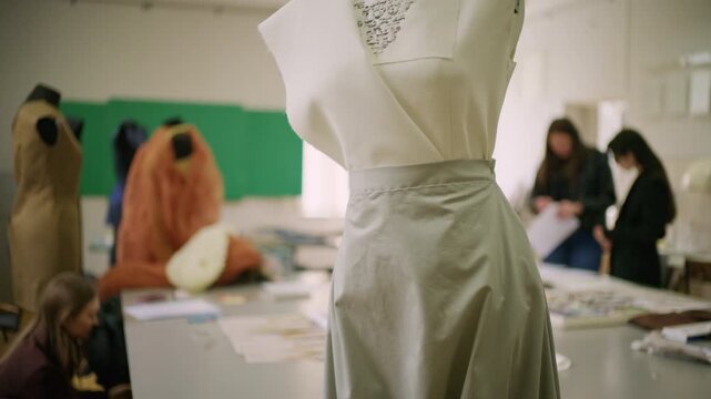 White unfinished garment displayed on a dress form in a fashion studio, with designers and mannequins softly blurred in the background